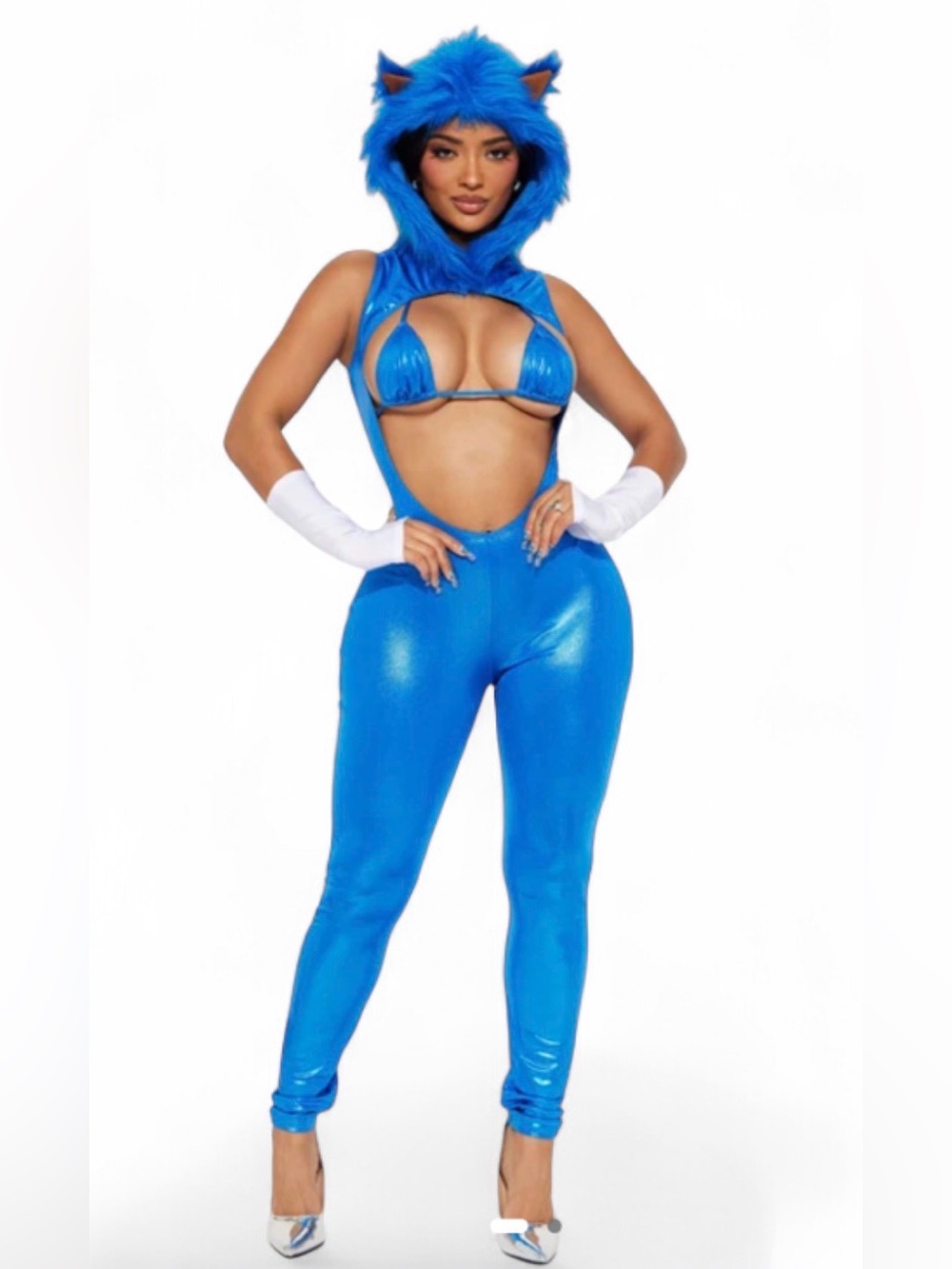 Fashion Nova Electric Blue Metallic Cutout Hooded Jumpsuit - Sonic